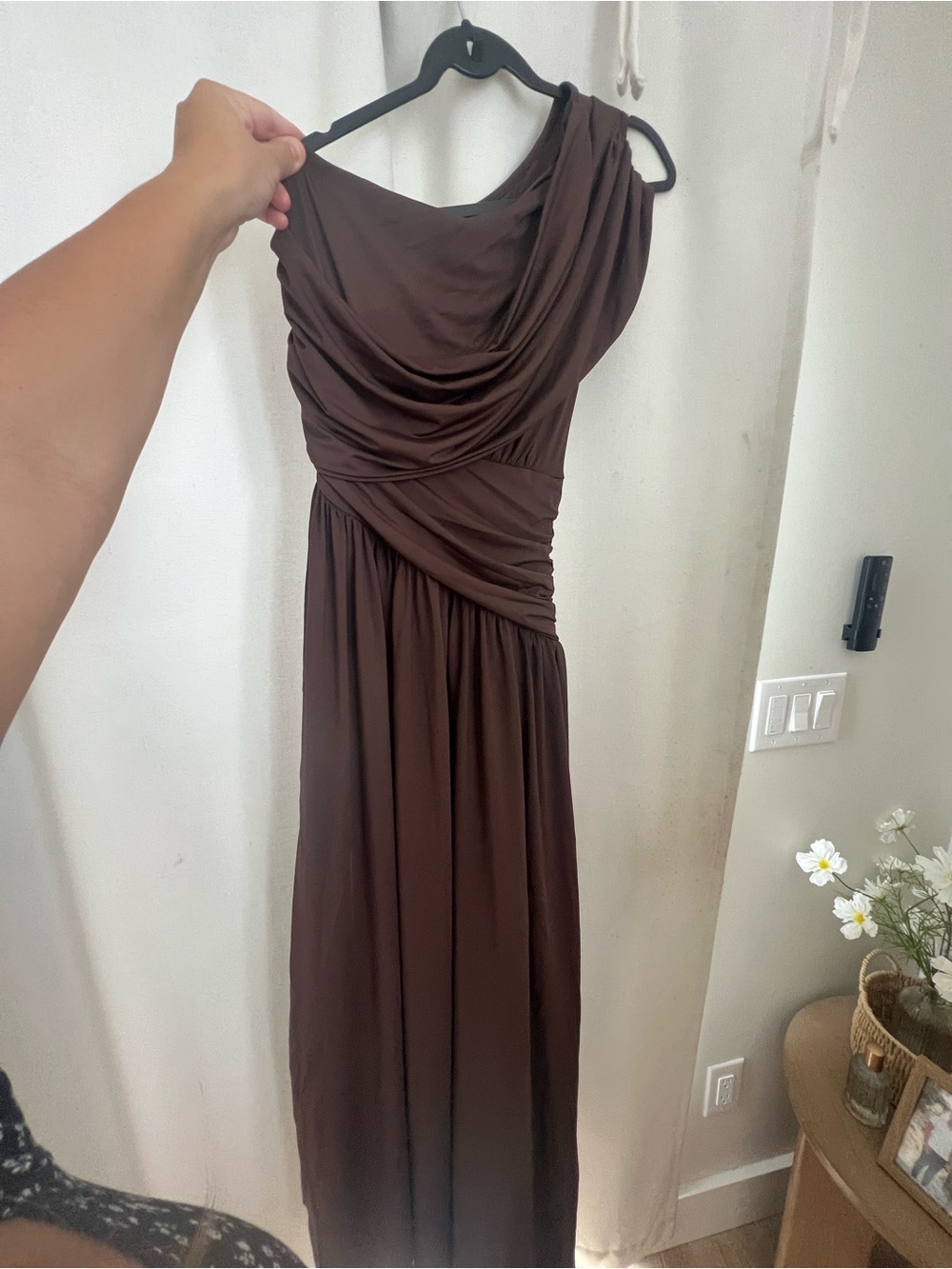 One-Shoulder Brown Draped Evening Gown